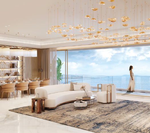Wide horizontal living room with grand deck at Lodha Aureus